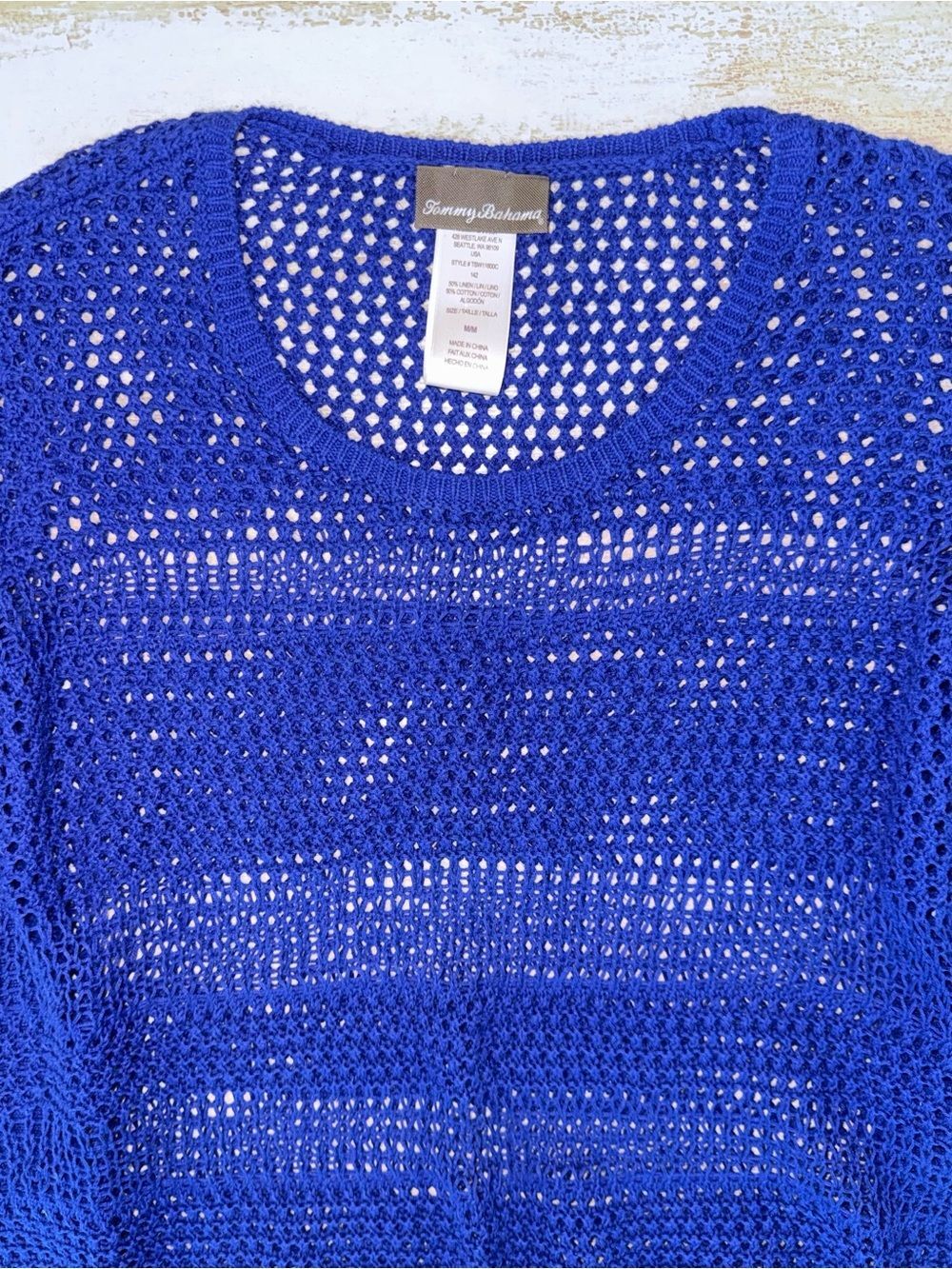 Tommy Bahama Blue Crochet Knit Swim Cover Up Tunic Cotton Linen Beach Sweater - Picture 3 of 9